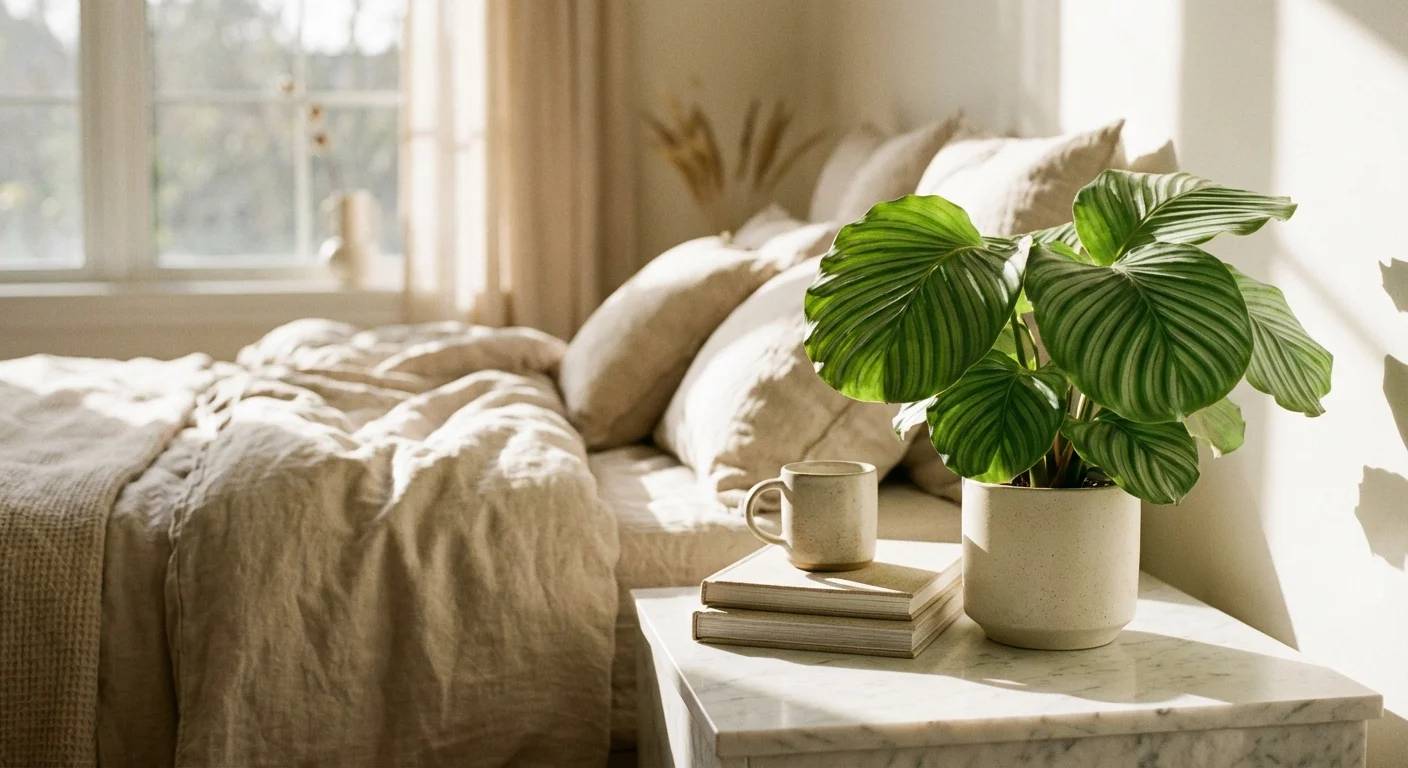 A Calathea plant with patterned leaves on a marble nightstand.