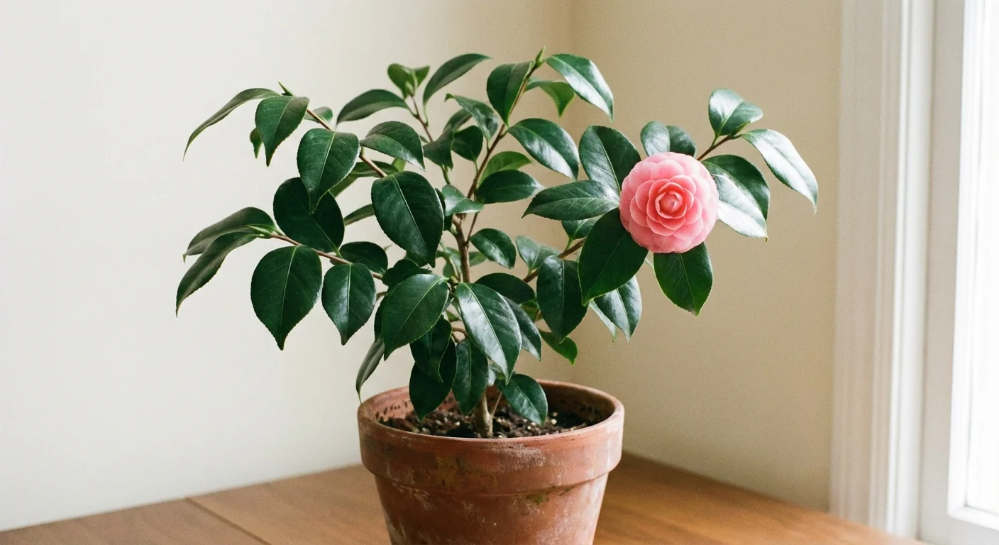 A Camellia plant with shiny dark green leaves and one pink flower in a terracotta pot.