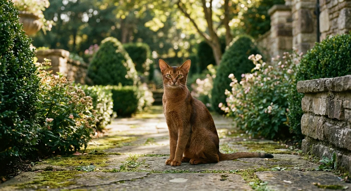 A cat sitting alertly on a stone path in a sunny garden.