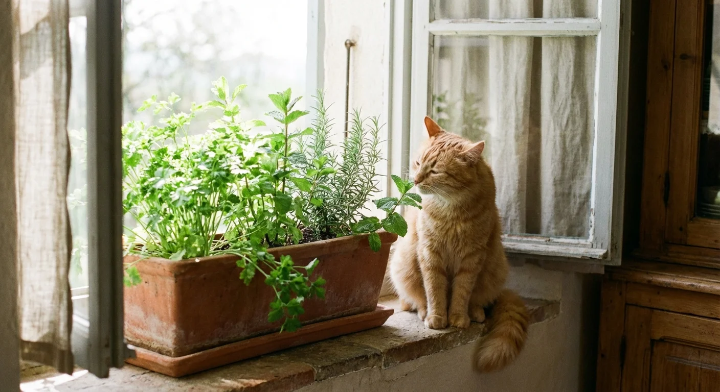 A cat sniffs fresh herbs growing in a terracotta window box.