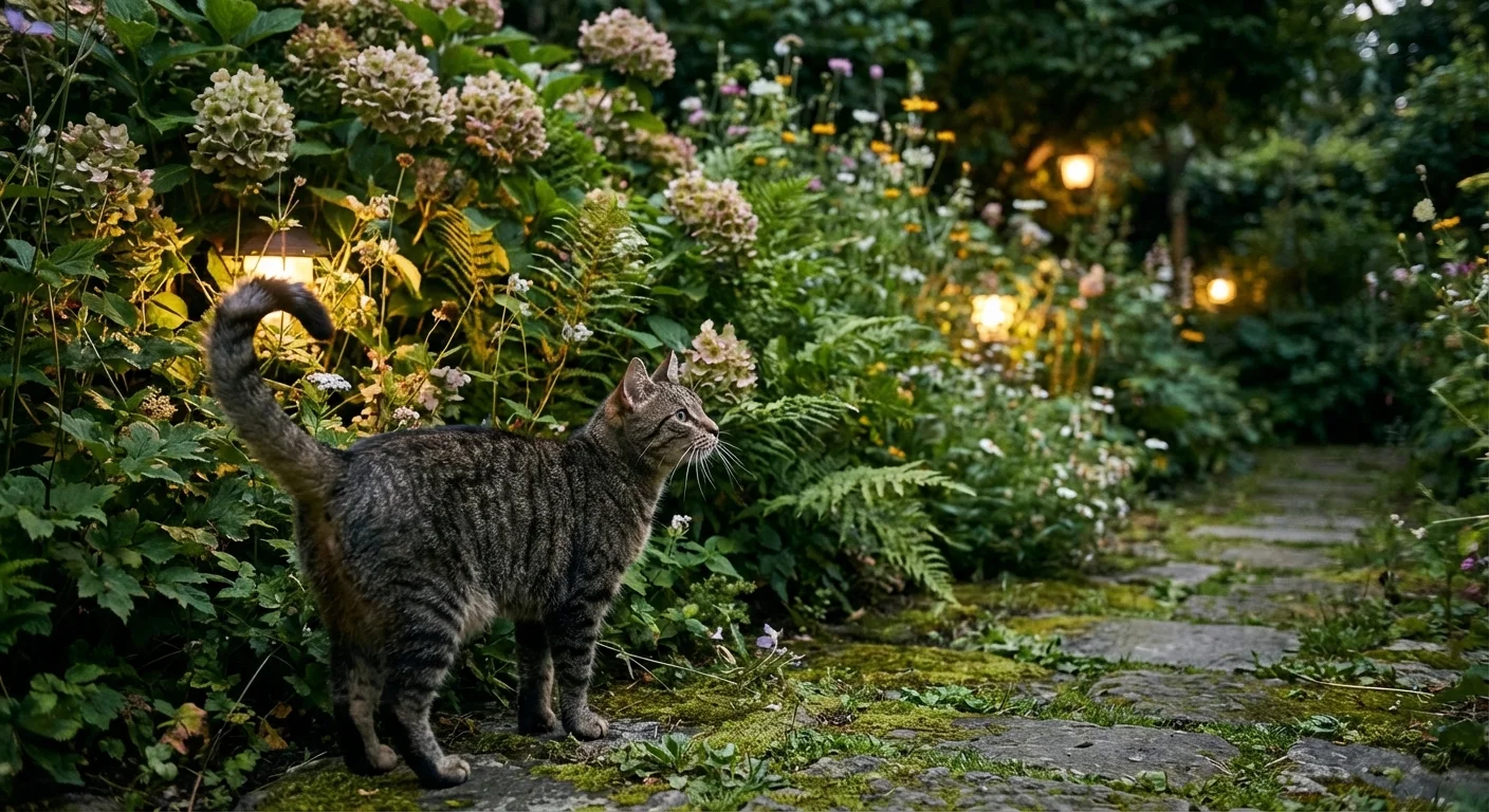 A cat standing near a garden bed, reacting to the scent of a natural deterrent.