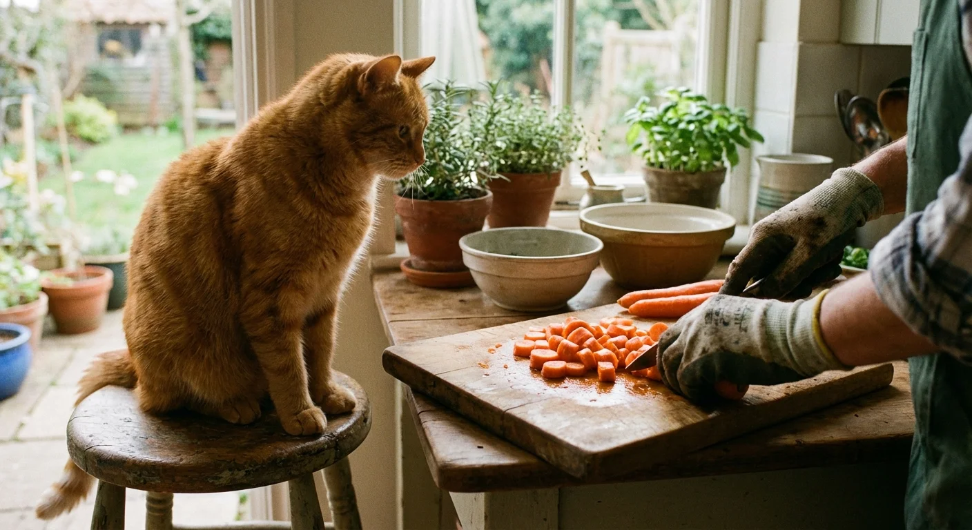 A cat watches a person chop fresh carrots on a wooden board.