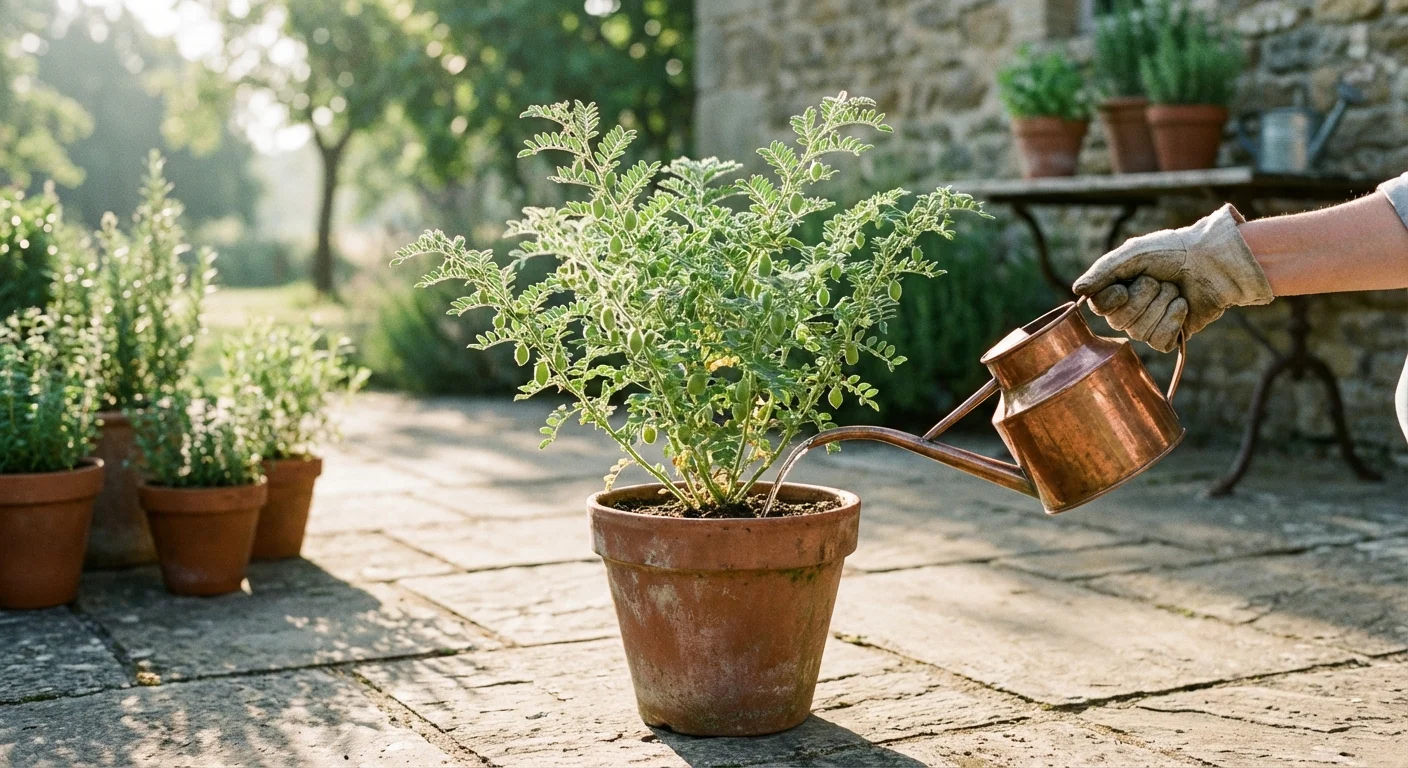 A chickpea plant growing in a pot, showing its unique foliage in the morning sun.