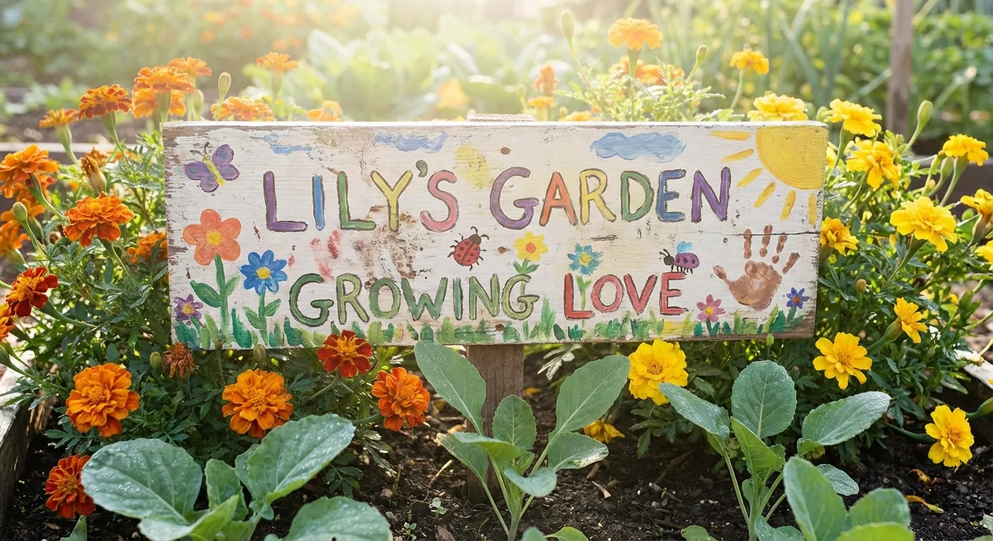 A child's hand-painted sign placed among garden plants.