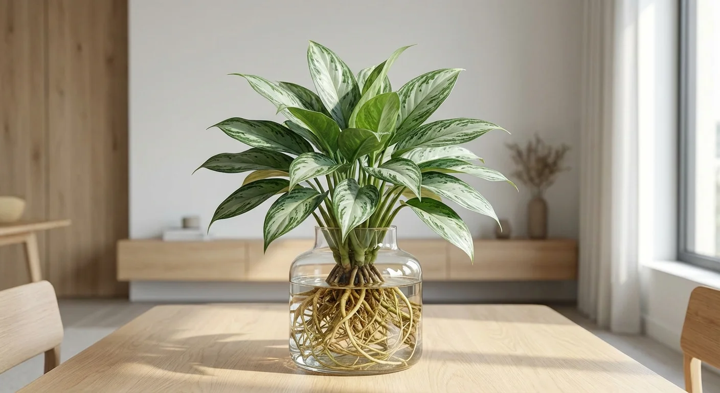 A Chinese Evergreen plant with patterned leaves growing in a wide glass water vase.