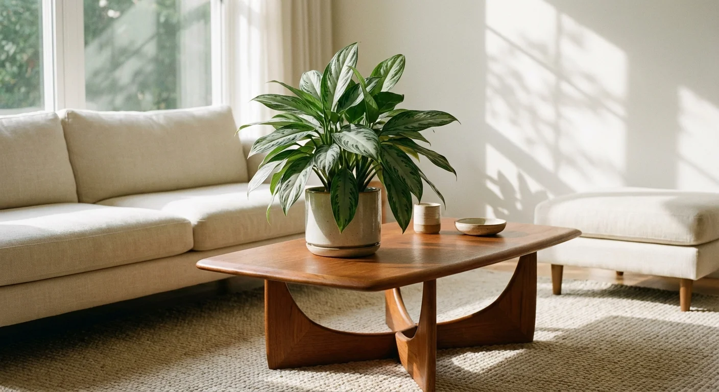 A Chinese Evergreen plant with patterned leaves sitting on a wooden table in a bright room.