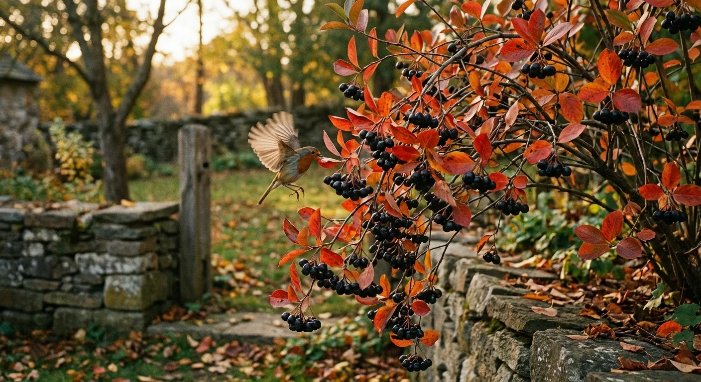 A chokeberry bush full of dark berries in a garden setting.