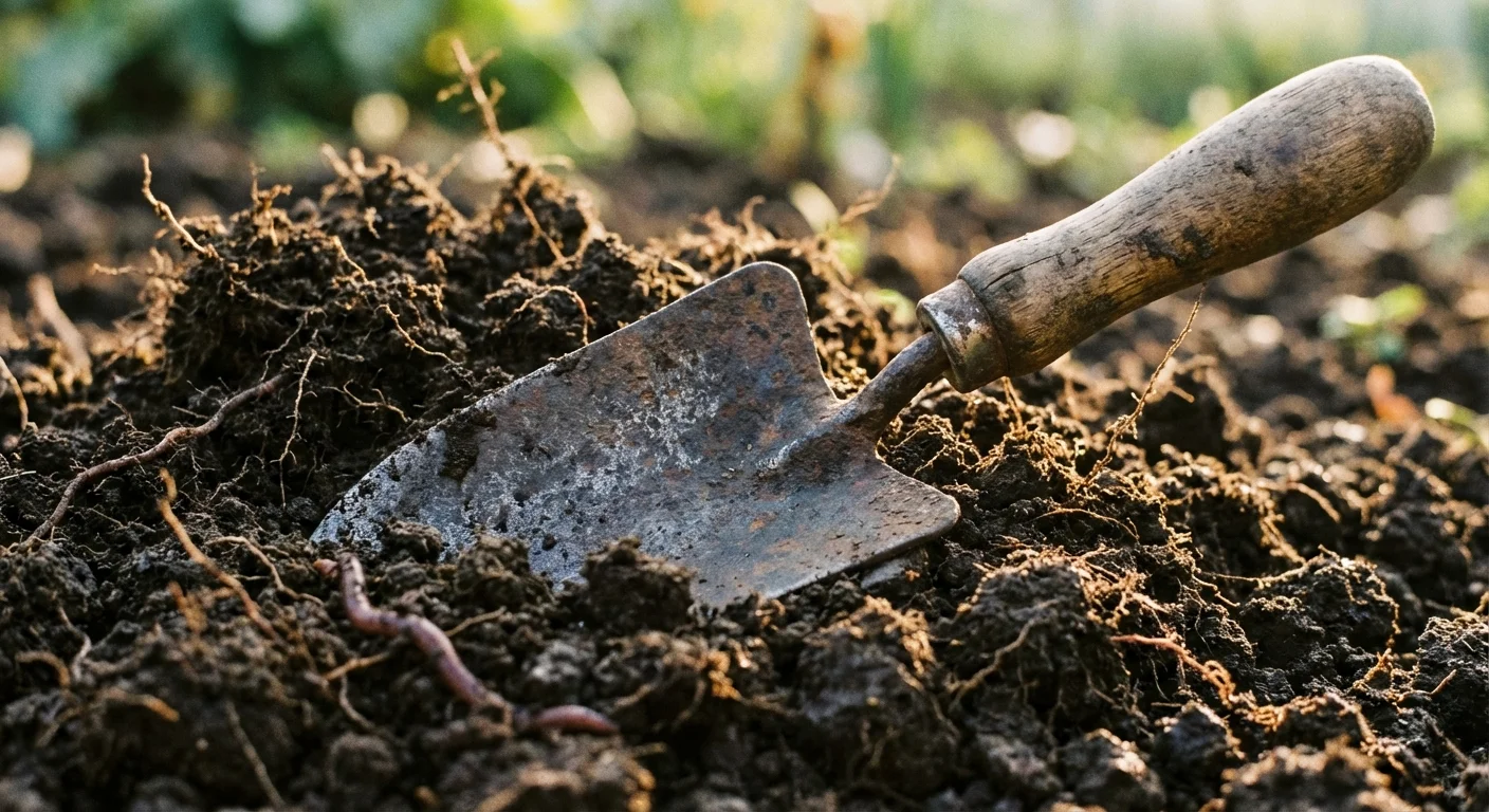 A classic metal garden trowel with a wooden handle in dark garden soil.