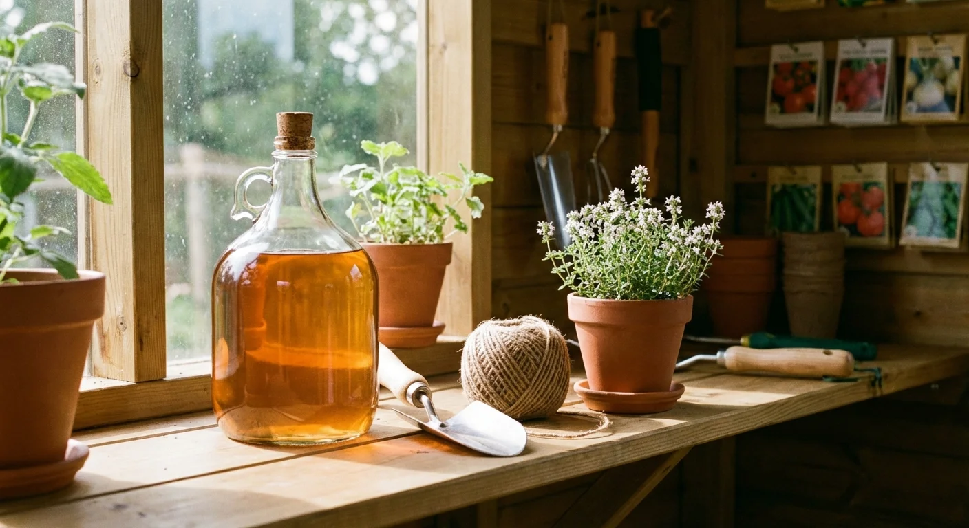 A clean garden shed shelf with vinegar, tools, and a small plant.