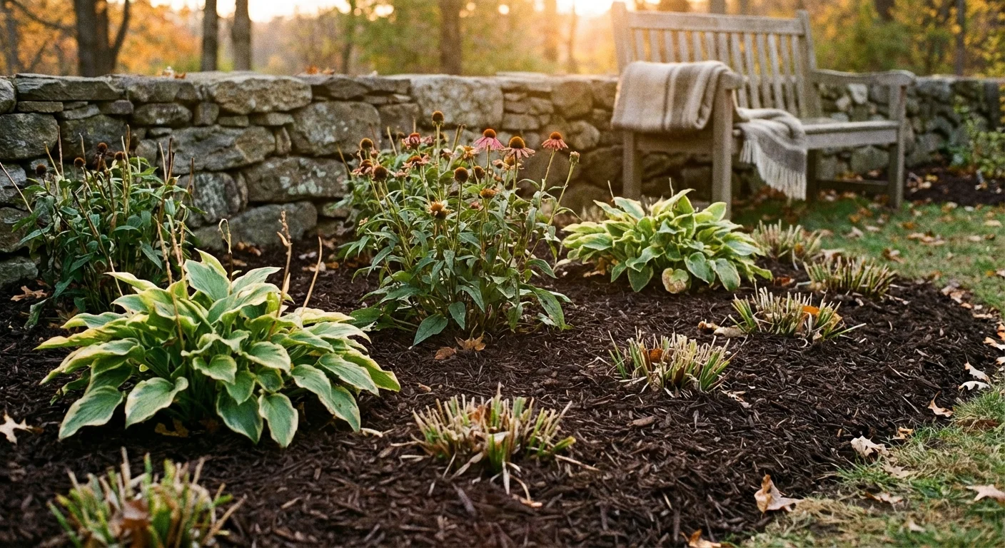 A clean, mulched garden bed with perennials neatly cut back for winter.