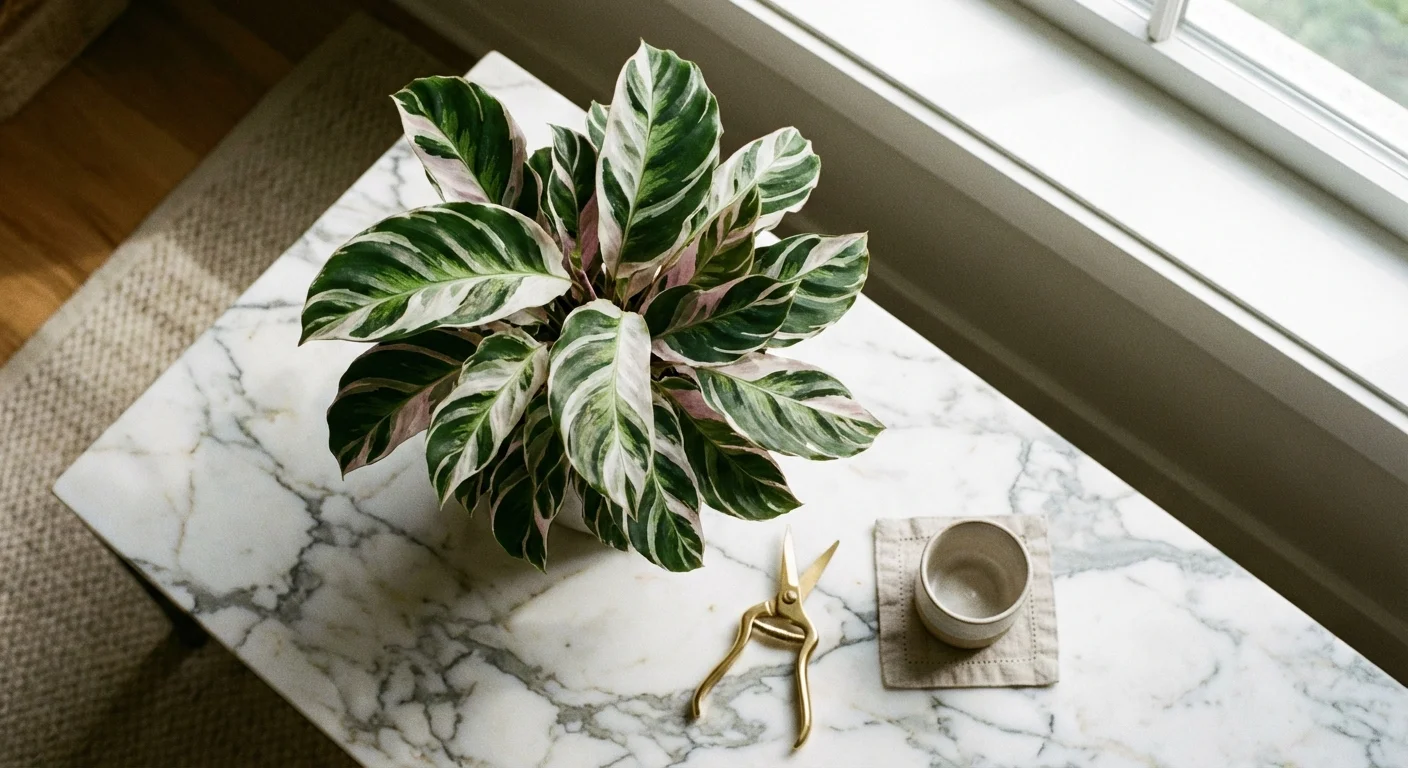 A close-up of a green foliage plant on a marble table with gold gardening shears.
