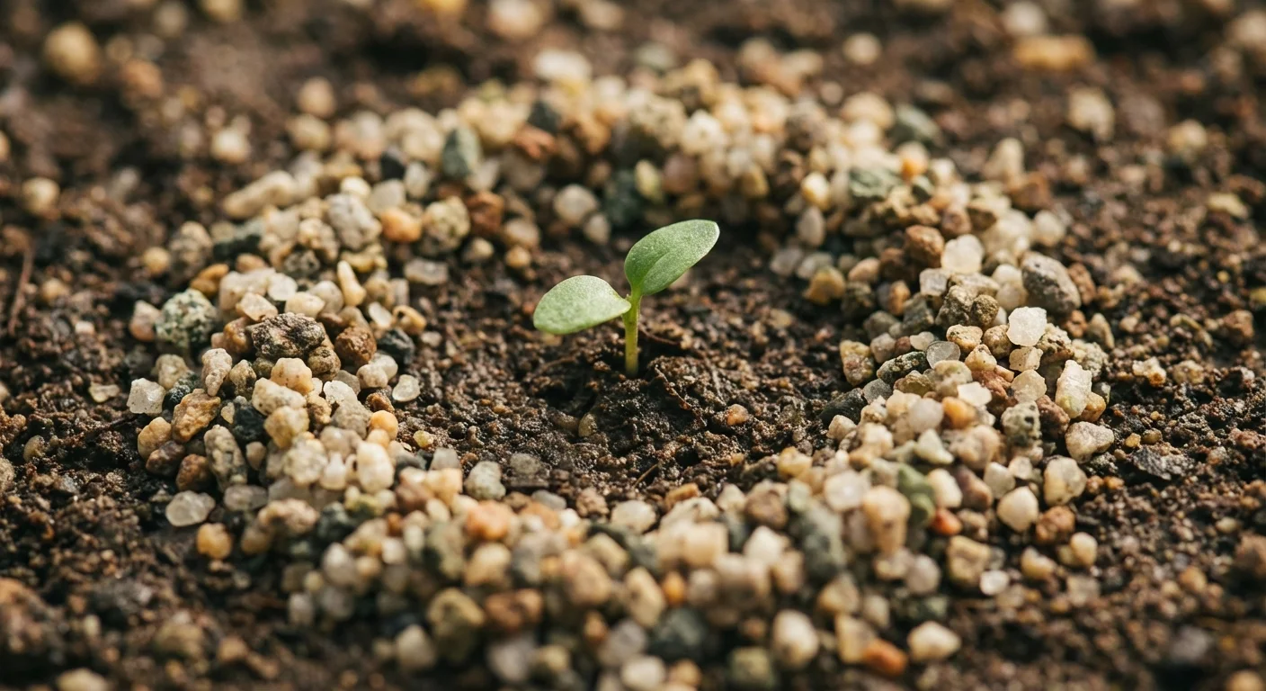 A close-up of a green plant seedling protected by a circle of sharp horticultural grit and sand.