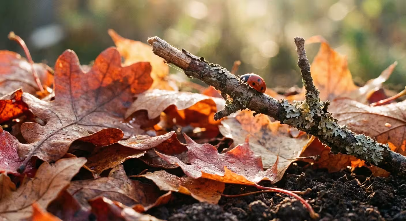 A close-up of a ladybug on a twig among dry brown leaves in the sun.