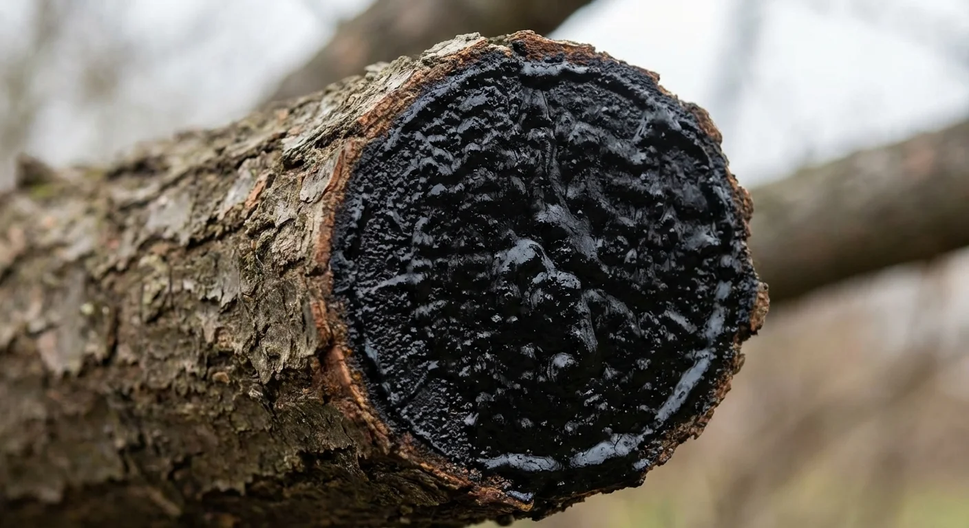 A close-up of a pruning cut on a branch covered in a dark, sticky black sealant.