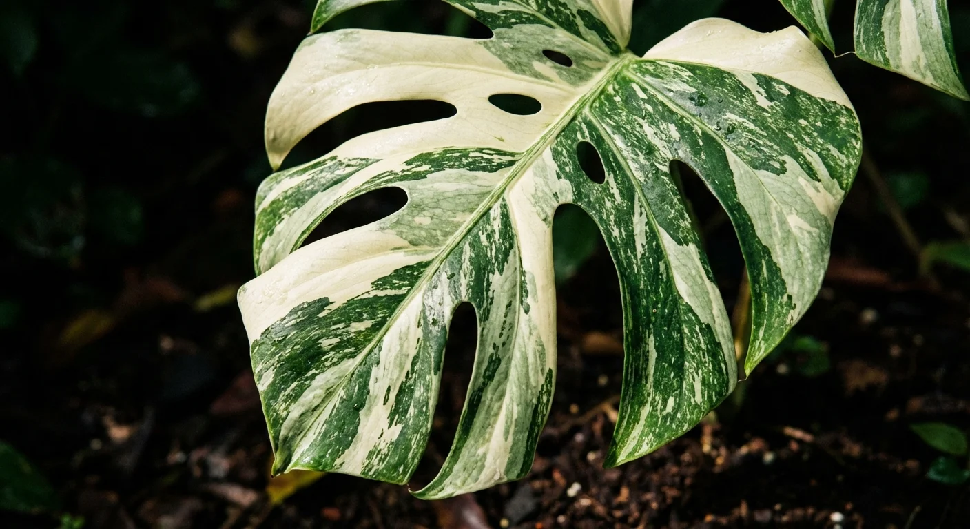 A close-up of a rare variegated green and white plant leaf.