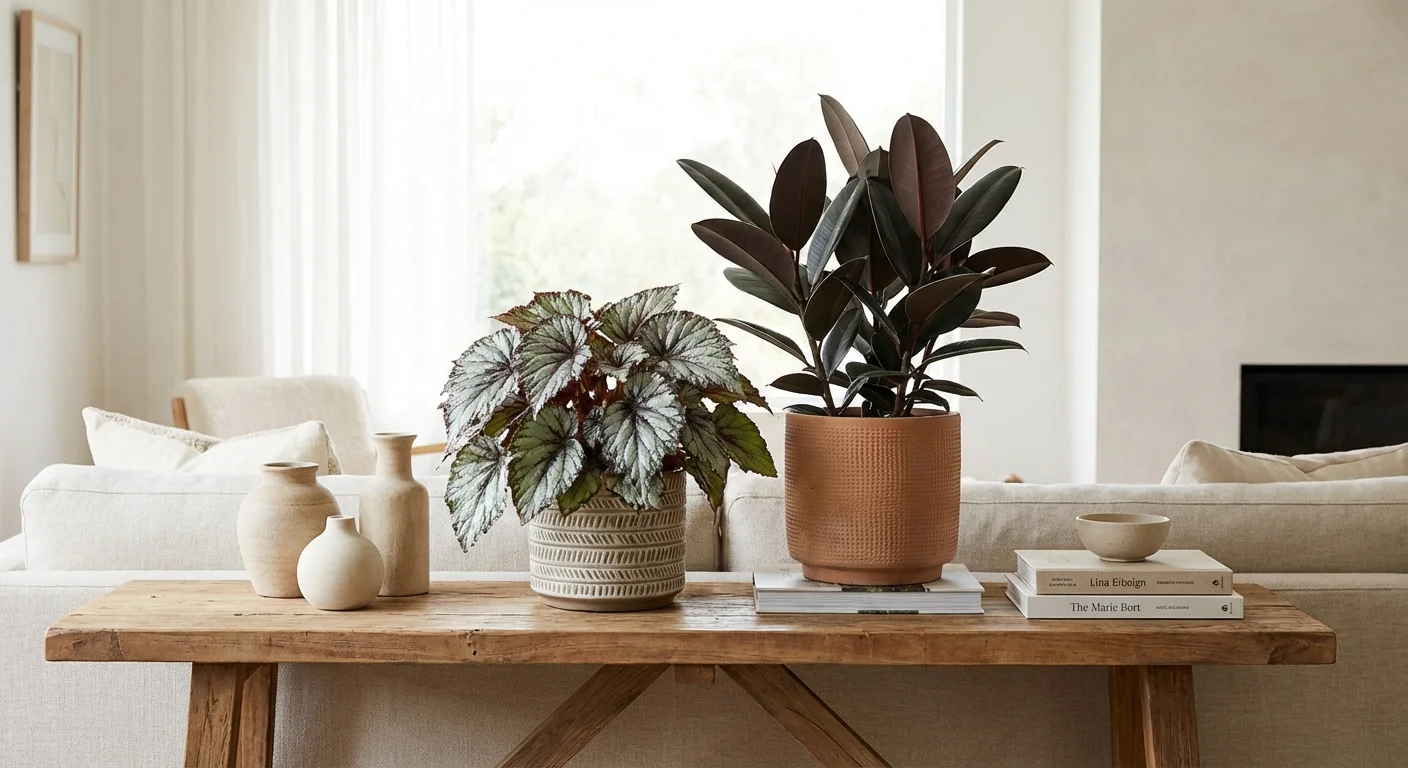 A close-up of a Rex Begonia and a Rubber Plant in stylish ceramic pots on a wooden shelf.