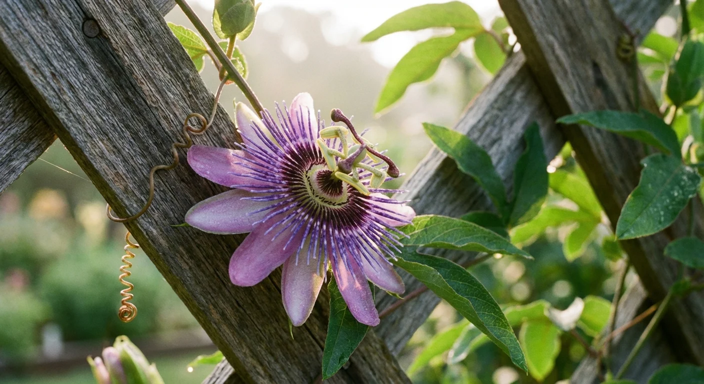 A close-up of a vibrant purple passionflower blooming on a garden trellis.