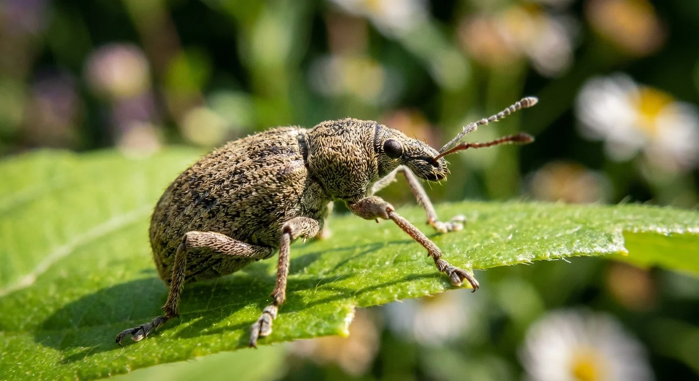A close-up of a vine weevil insect on a vibrant green leaf.