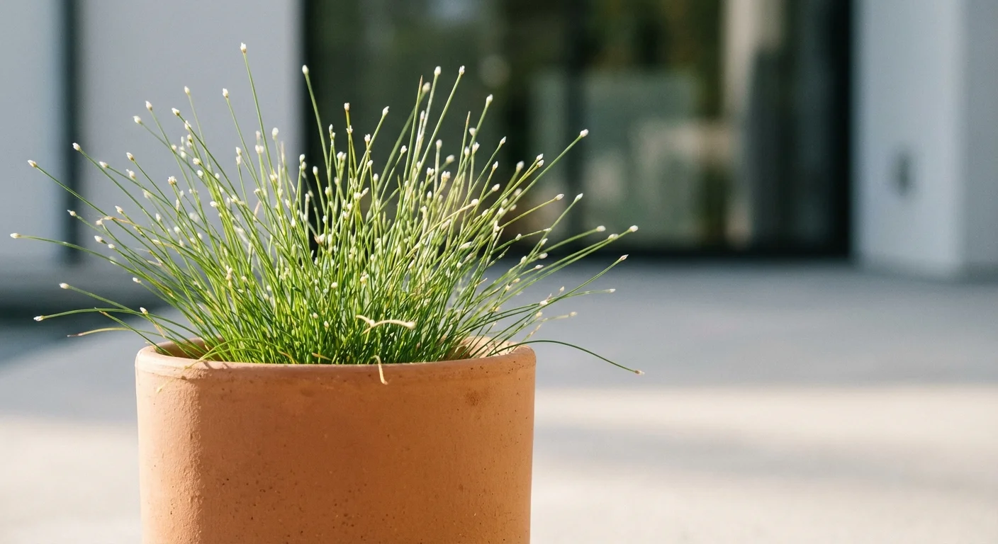 A close-up of Fiber Optic Grass in a pot, showing its unique mop-like stems and tiny white tips.