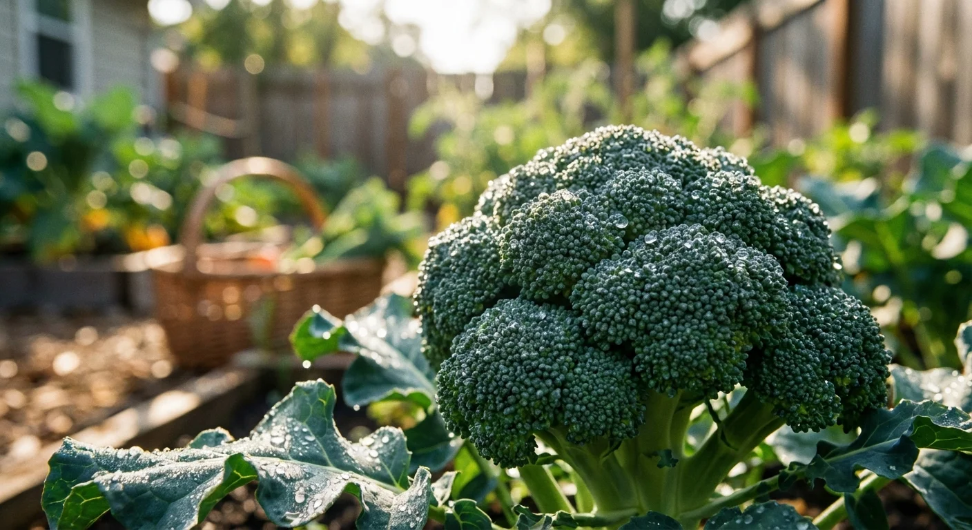 A close-up of fresh broccoli growing in a sunny garden bed.