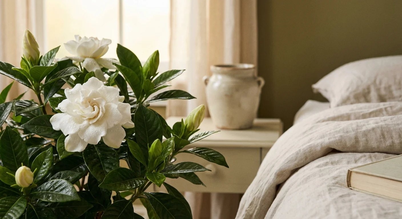 A close-up shot of fragrant white Gardenia flowers growing in an indoor pot.