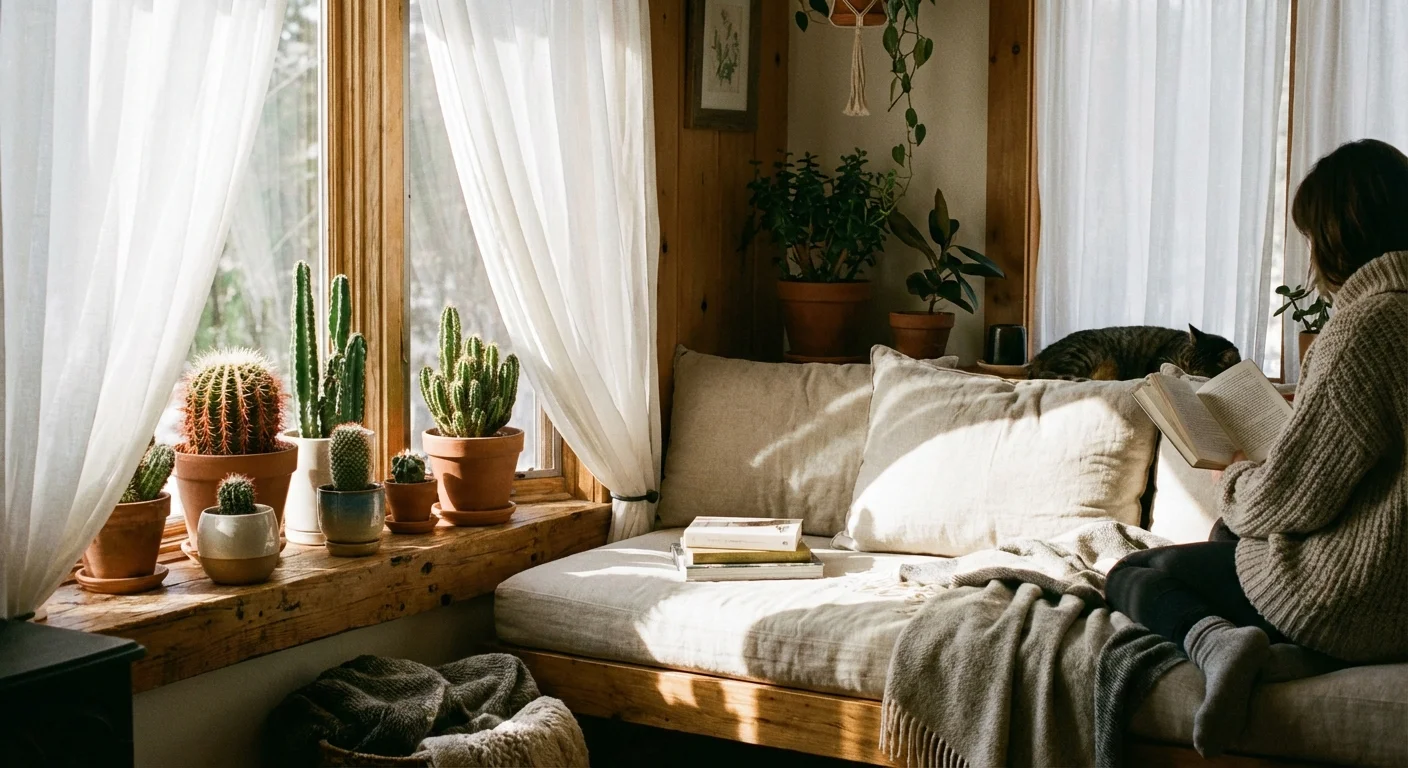 A cluster of cacti sitting on a sunny windowsill behind sheer white curtains.
