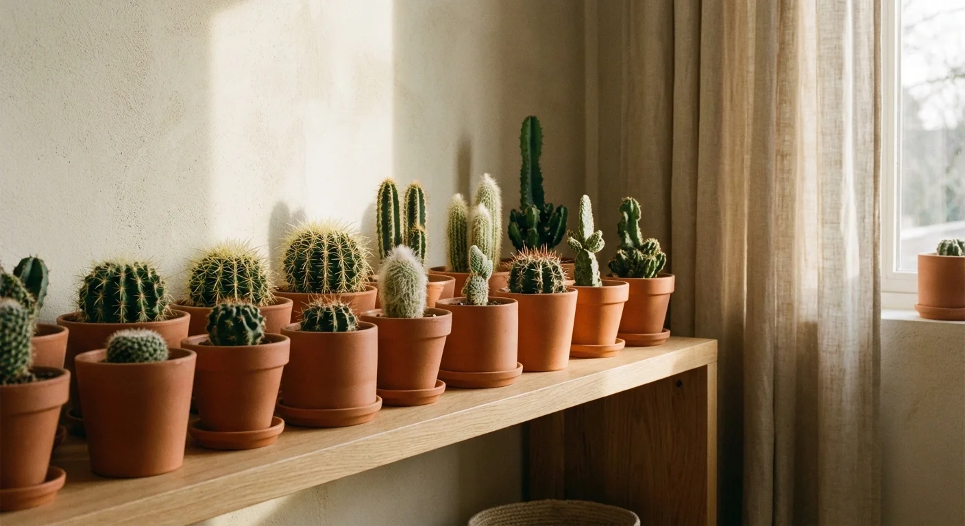 A collection of different cacti species in ceramic pots on a shelf.