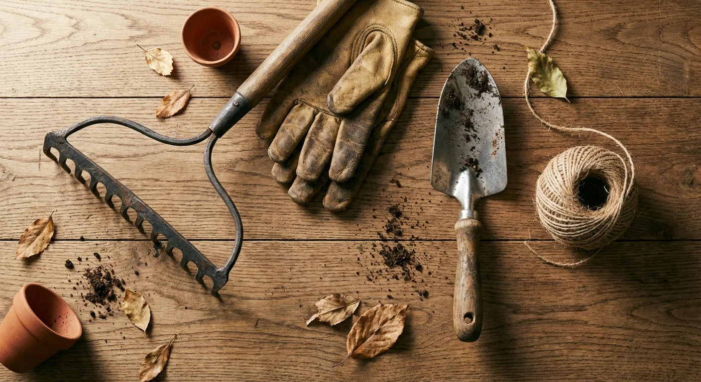A collection of gardening tools arranged on a wooden surface.