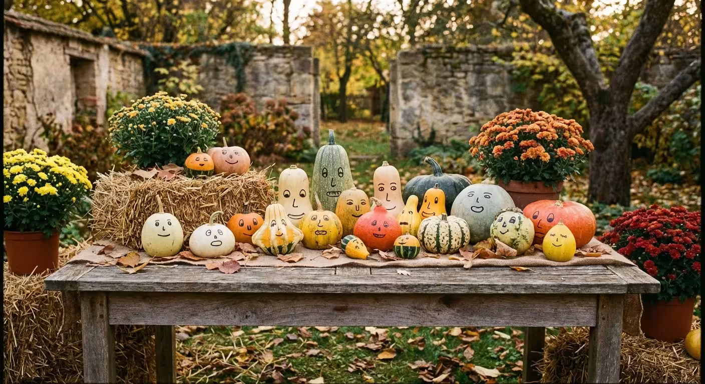 A collection of gourds with faces painted on them on a table.