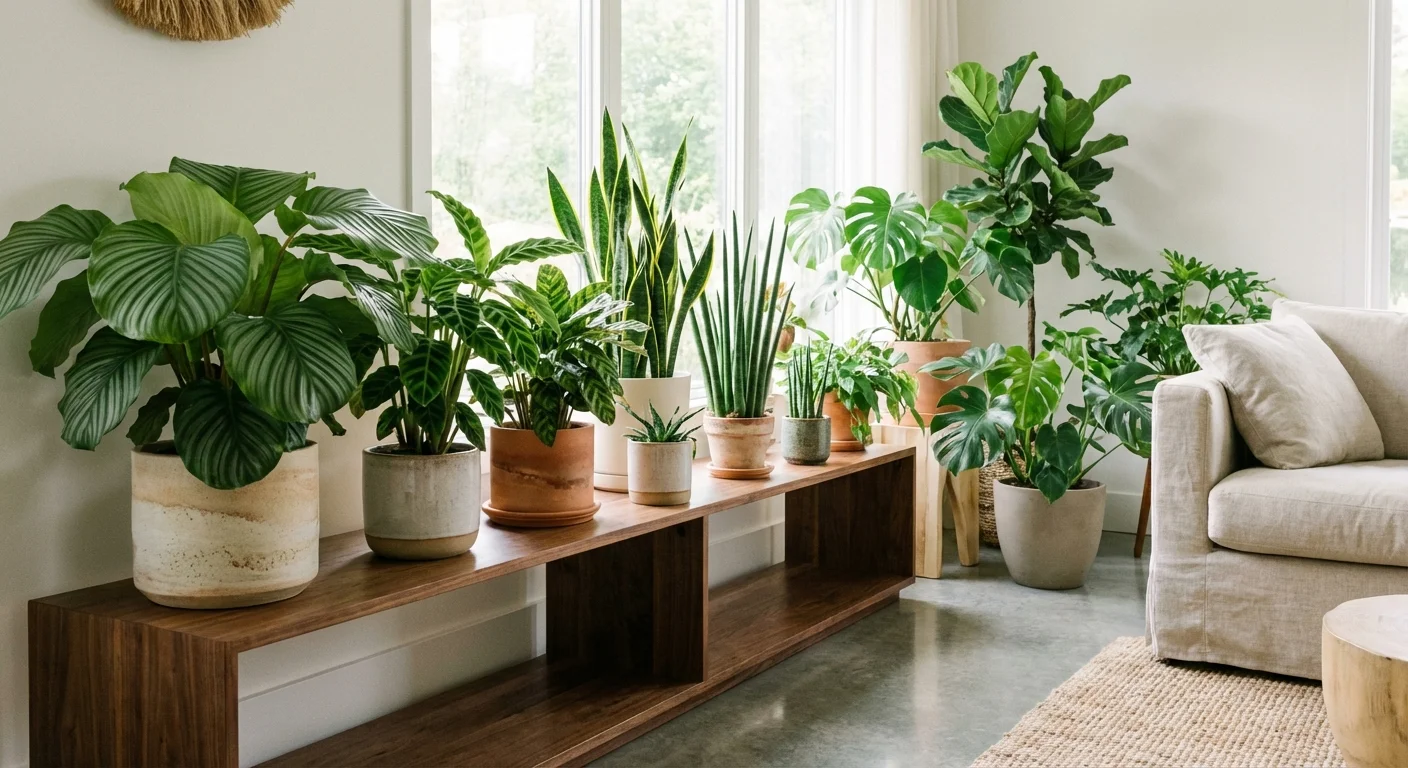 A collection of healthy, vibrant houseplants arranged on a wooden shelf in a bright, modern room.