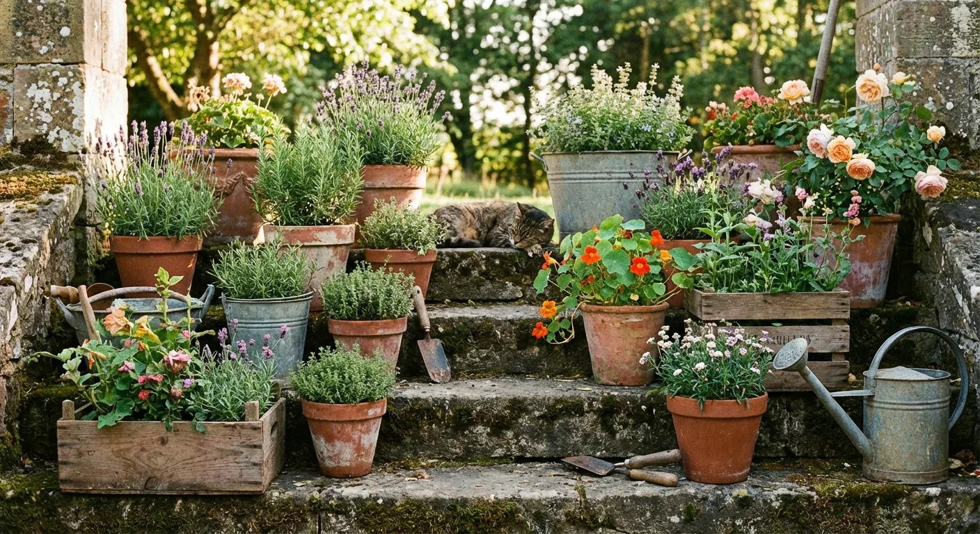 A collection of mismatched terracotta and metal garden pots on stone steps.
