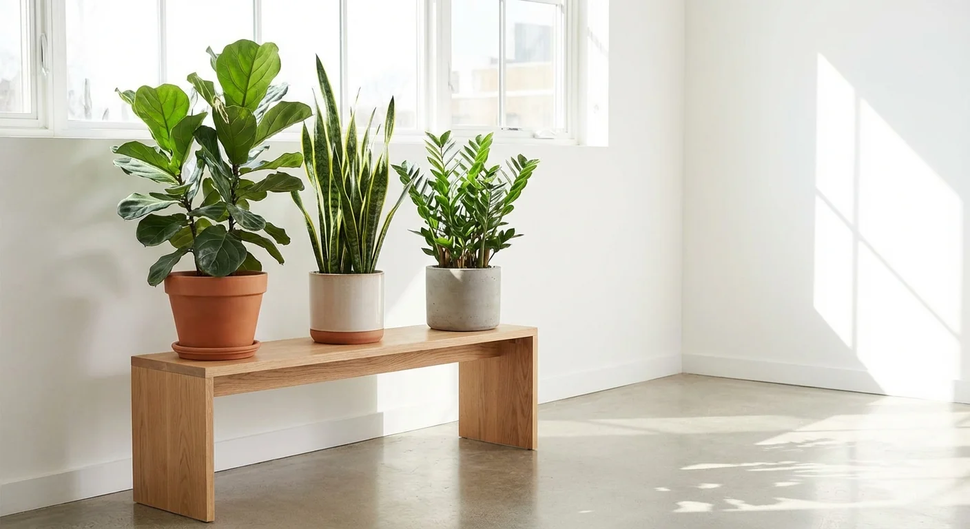 A collection of popular indoor plants on a wooden bench.