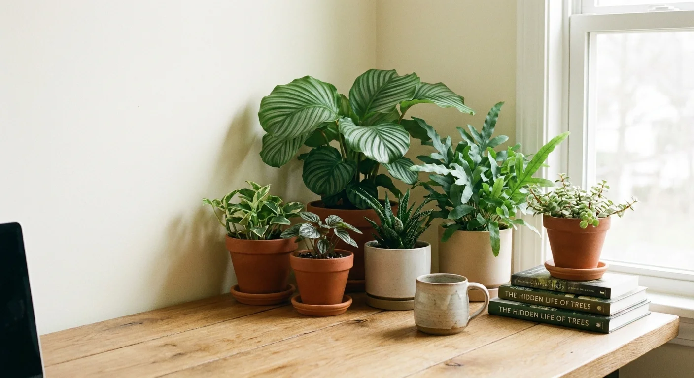 A collection of small potted plants on a wooden desk in a bright home office.