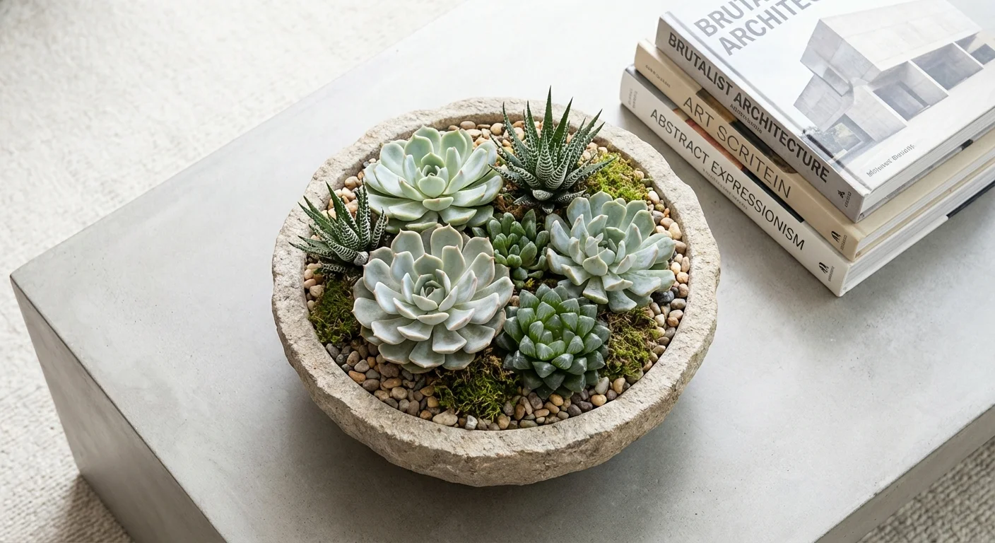 A collection of small succulents in a stone bowl on a coffee table.