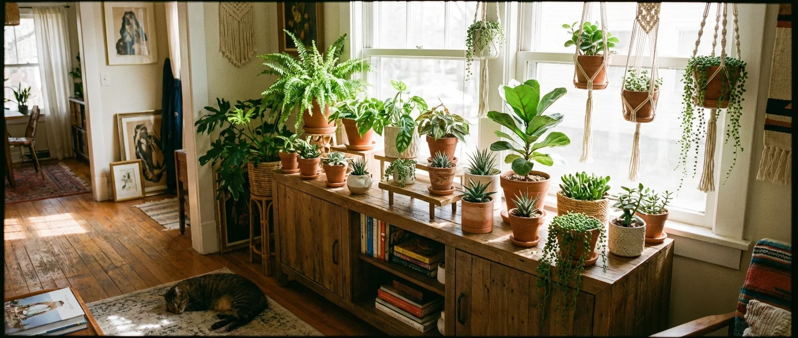 A collection of various small houseplants grouped together on a sideboard.