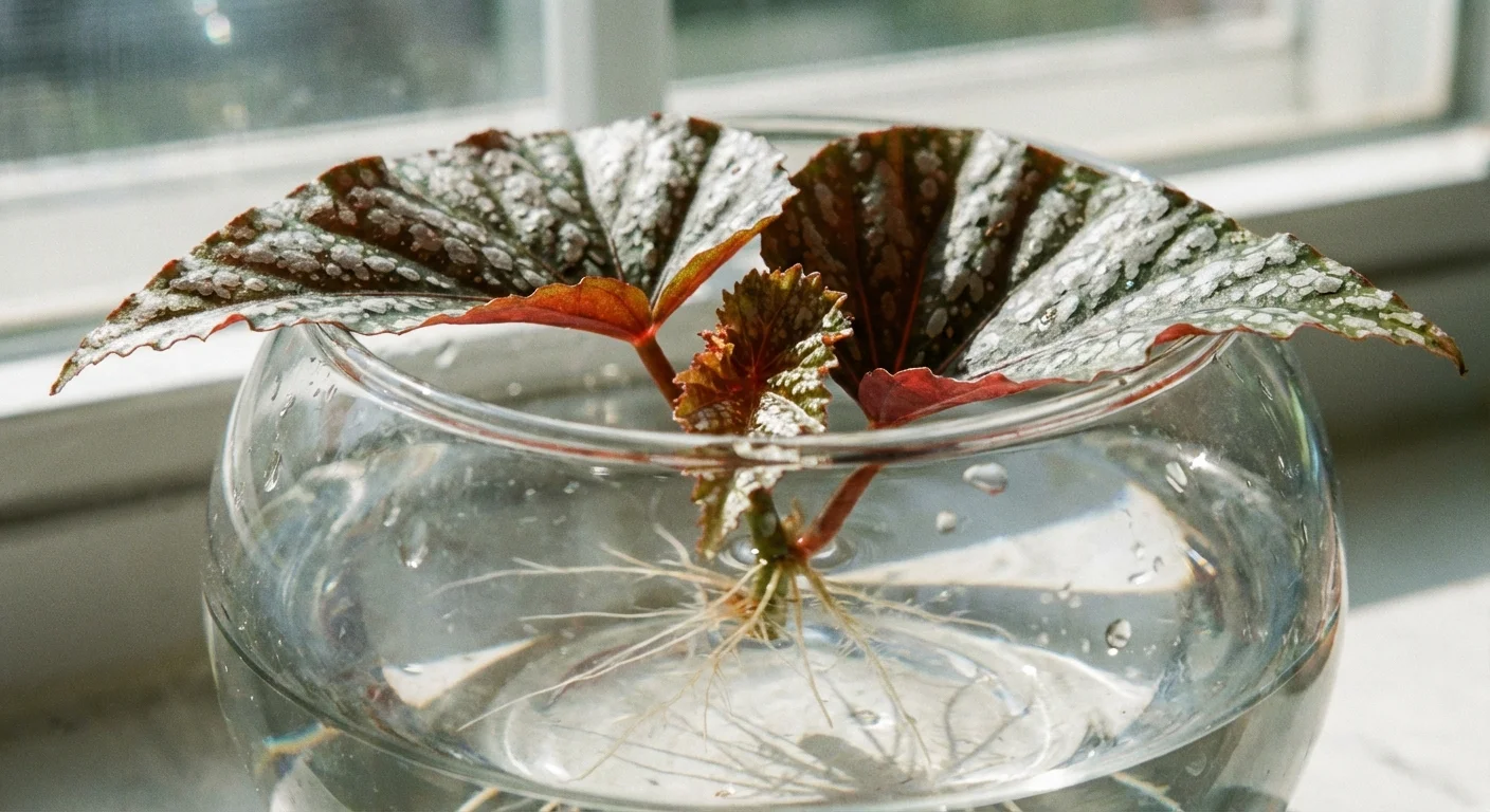 A colorful Begonia cutting with spotted leaves growing in a glass water bowl.