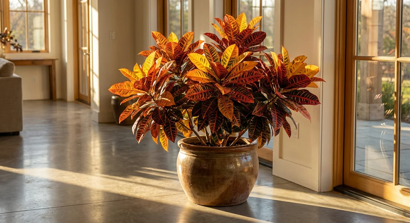 A colorful Croton plant with bright orange and red leaves in a modern home.