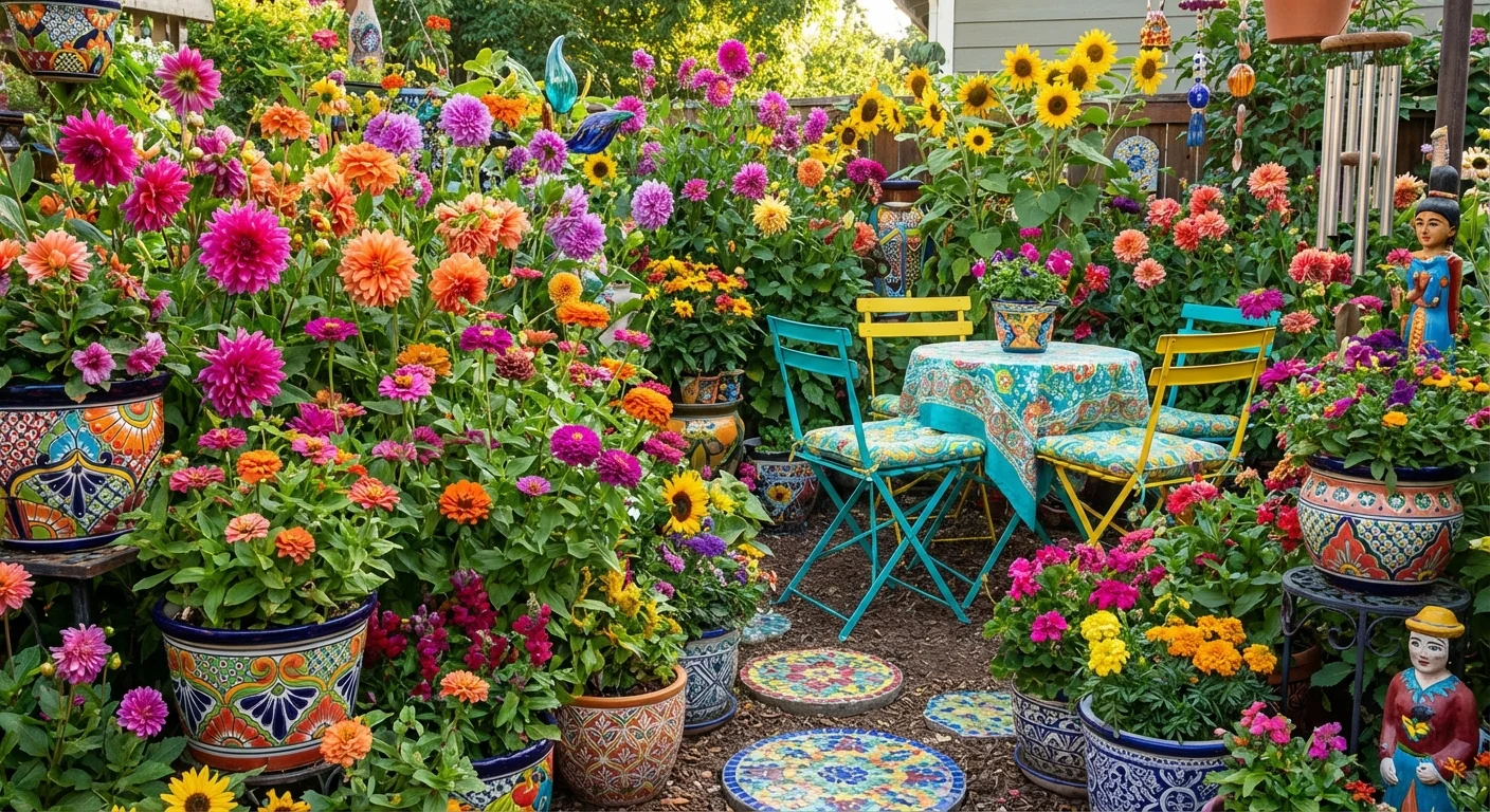 A colorful, densely planted garden filled with various flowers, pots, and decor items.