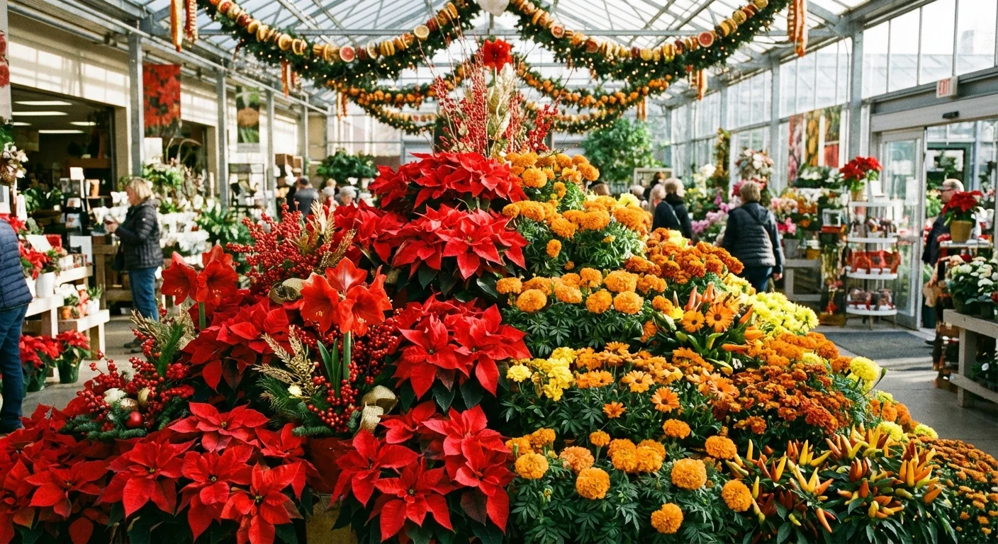 A colorful display of seasonal flowers in a store.