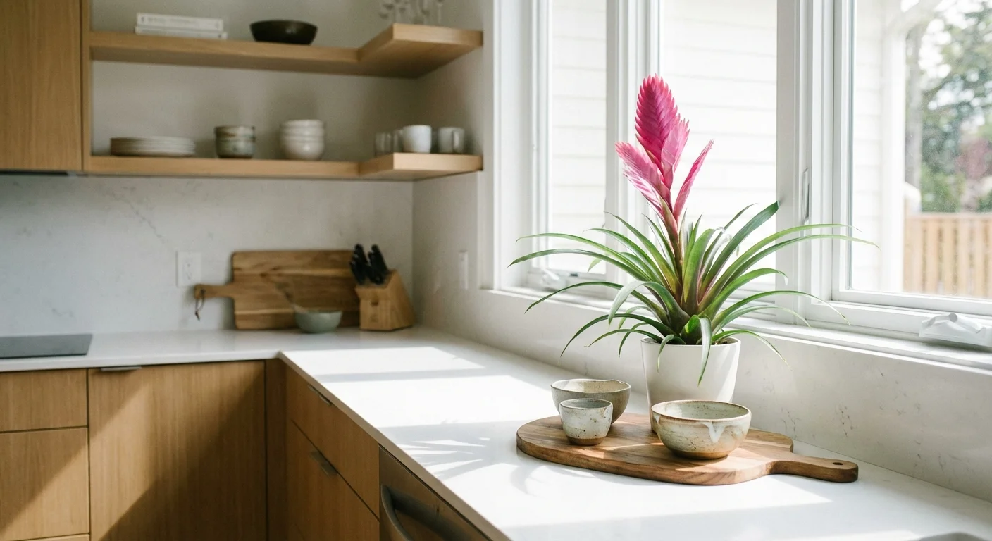 A colorful pink Bromeliad plant in a white pot on a kitchen counter.