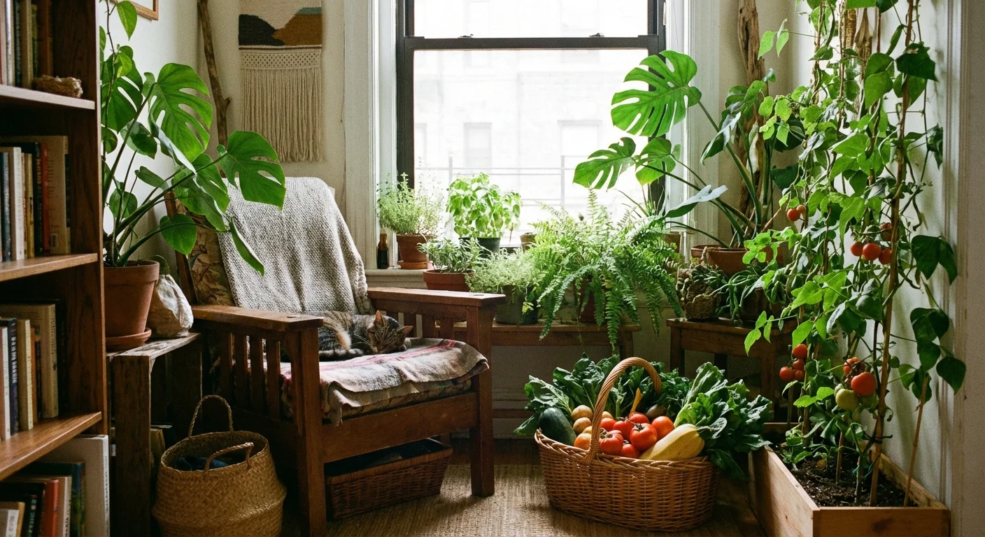 A cozy apartment corner filled with plants and a basket of vegetables.