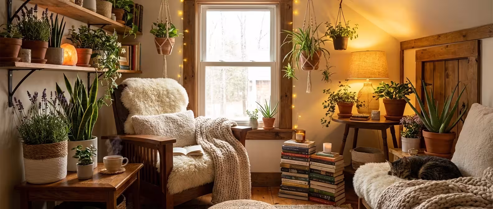 A cozy bedroom corner with several different houseplants, a chair, and soft lighting.