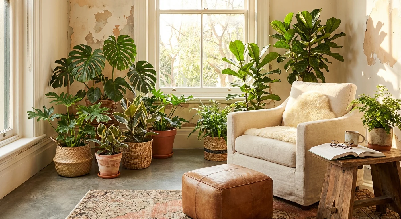 A cozy, sunlit room filled with healthy, thriving houseplants.