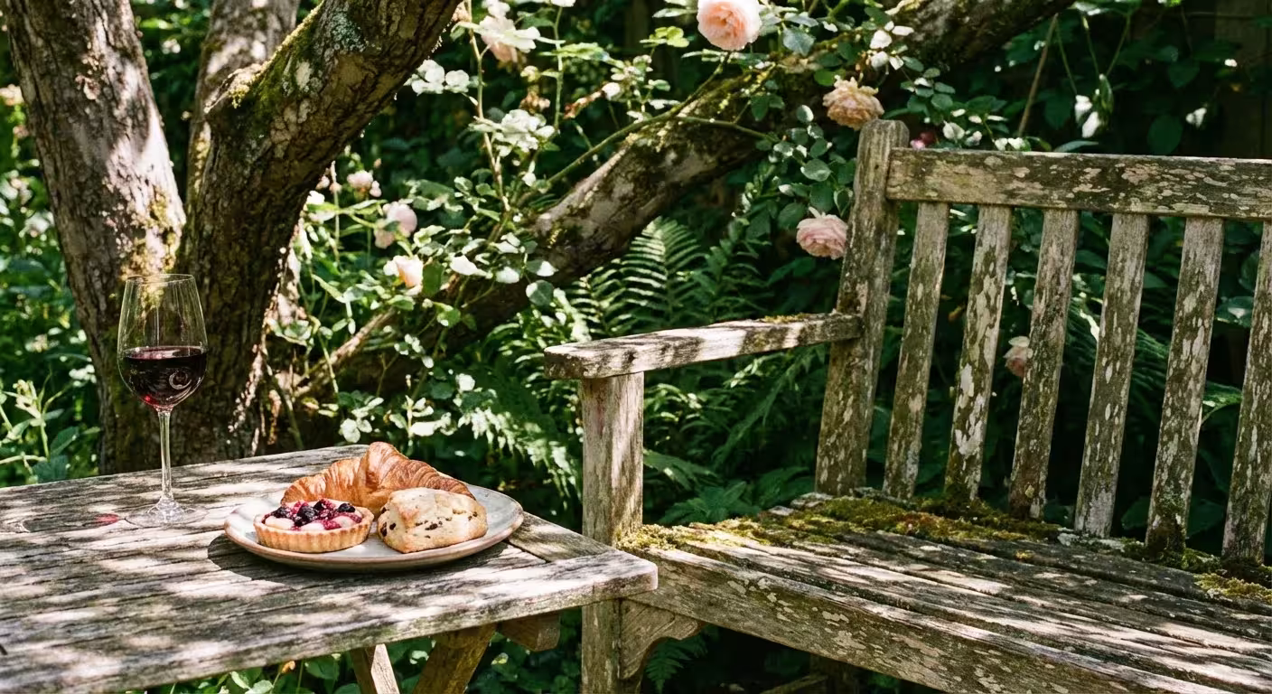 A cozy wooden chair and table in a garden nook with wine and pastries.