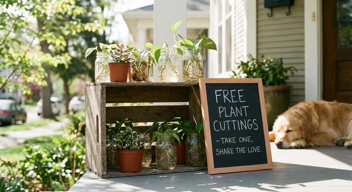 A crate of free plants and cuttings left on a porch for neighbors.