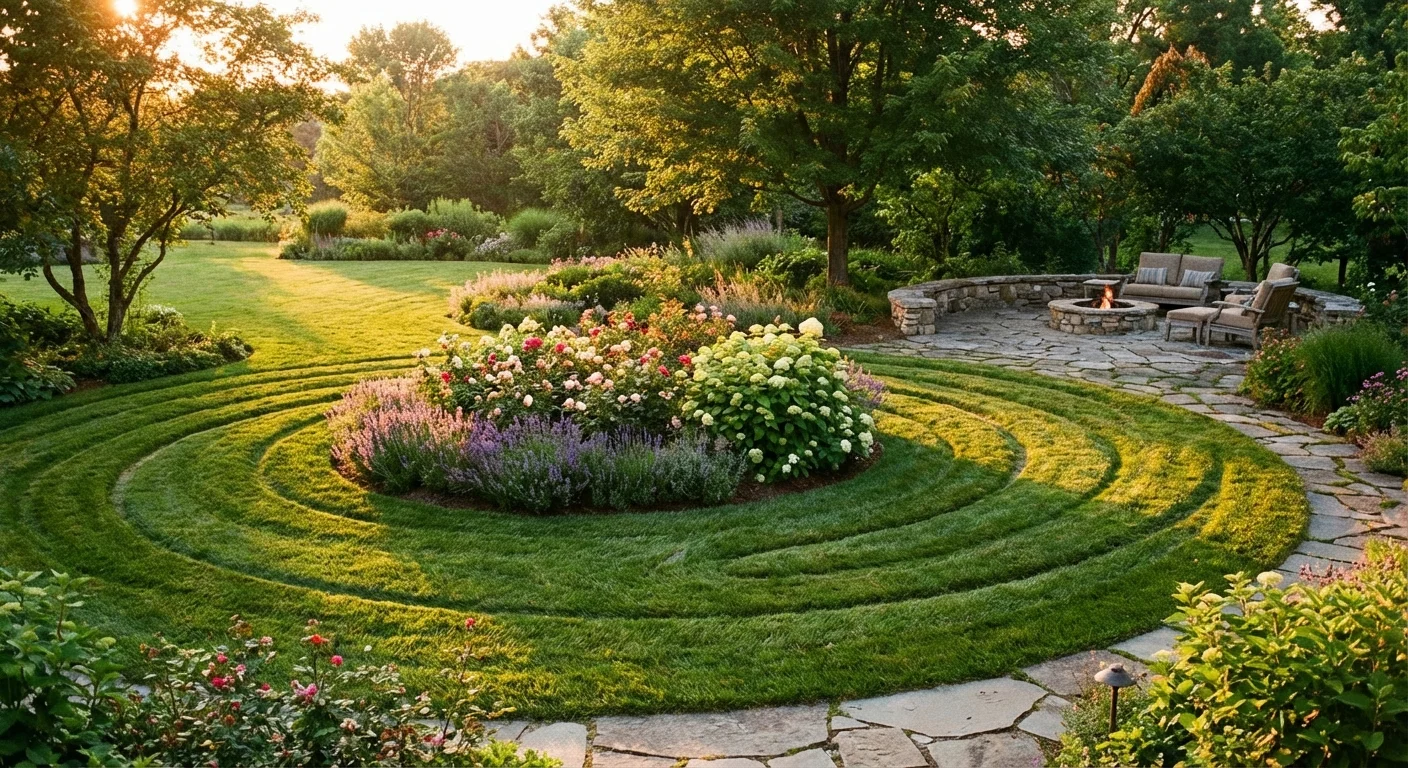 A creative lawn design featuring a spiral mowing pattern around a flower bed.