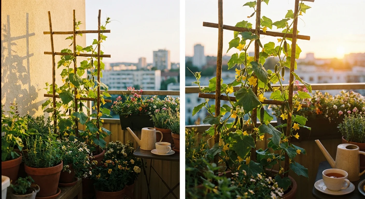 A cucumber plant climbing a wooden trellis on a sunny balcony.