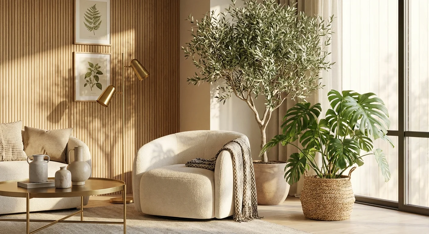 A curated collection of lush, high-end indoor plants in a sophisticated modern home setting.