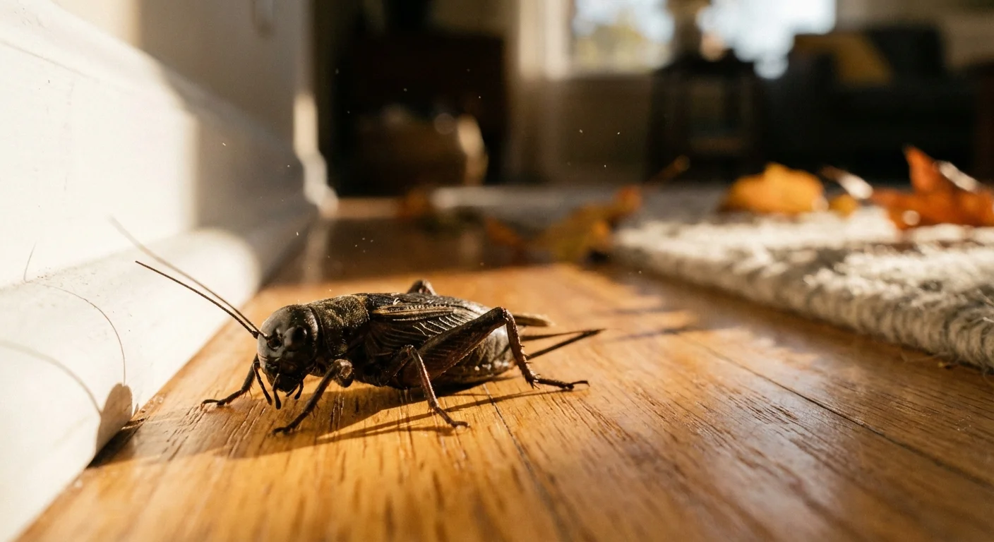 A dark cricket resting on a polished wooden floor near a baseboard.