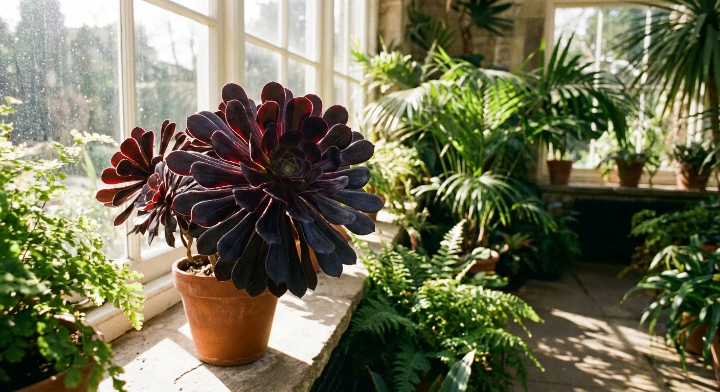 A dark purple Aeonium succulent in a sunlit room.